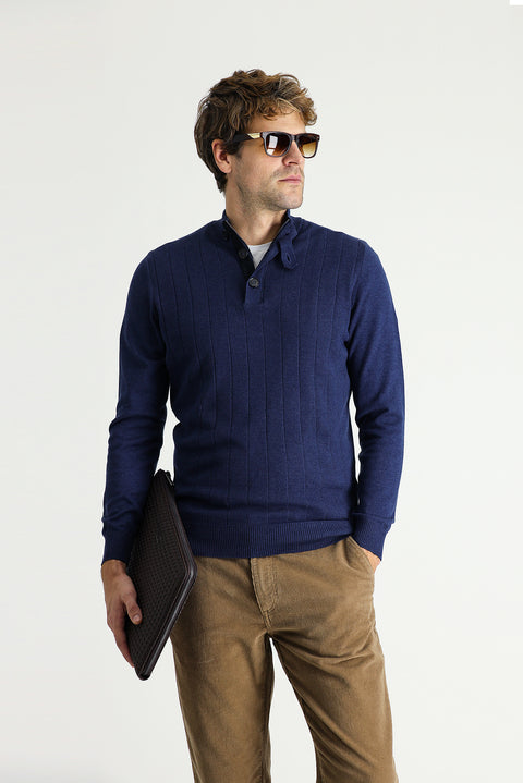 Medium Navy Melange Semi-Turtleneck Slim Fit Narrow Cut Zip-Up Patterned Cotton Knit Sweater