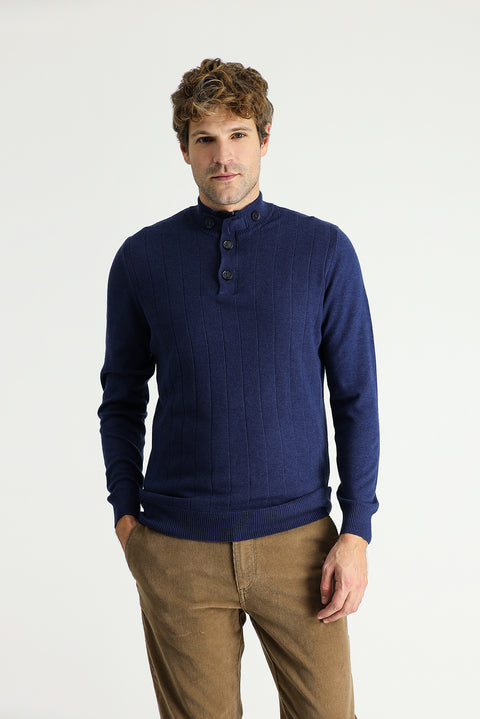 Medium Navy Melange Semi-Turtleneck Slim Fit Narrow Cut Zip-Up Patterned Cotton Knit Sweater