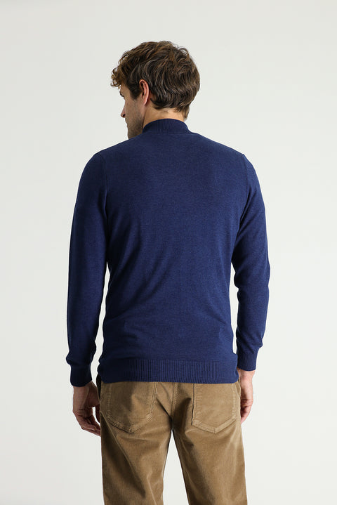 Medium Navy Melange Semi-Turtleneck Slim Fit Narrow Cut Zip-Up Patterned Cotton Knit Sweater