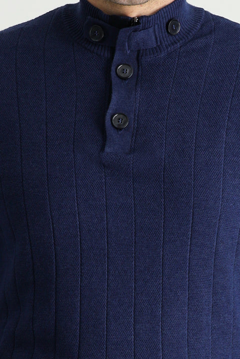 Medium Navy Melange Semi-Turtleneck Slim Fit Narrow Cut Zip-Up Patterned Cotton Knit Sweater