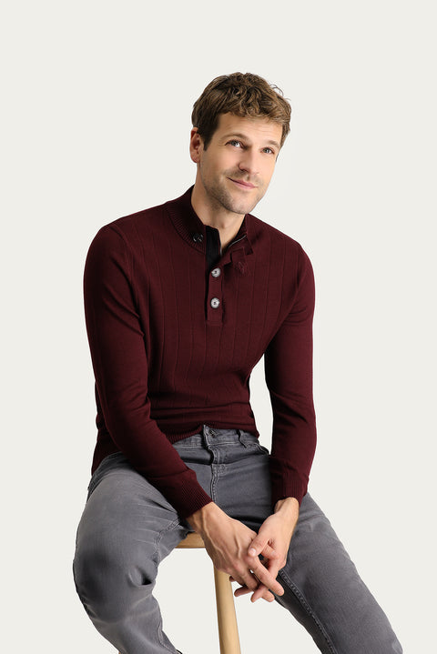 Dark Burgundy Semi-Turtleneck Slim Fit Narrow Cut Zip-Up Patterned Cotton Knit Sweater