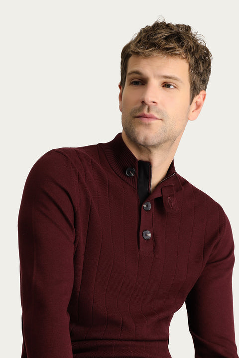 Dark Burgundy Semi-Turtleneck Slim Fit Narrow Cut Zip-Up Patterned Cotton Knit Sweater