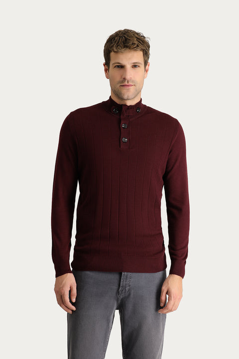 Dark Burgundy Semi-Turtleneck Slim Fit Narrow Cut Zip-Up Patterned Cotton Knit Sweater