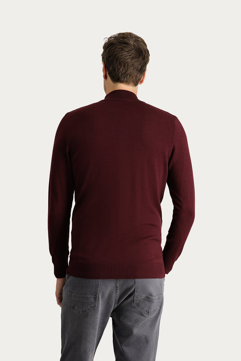 Dark Burgundy Semi-Turtleneck Slim Fit Narrow Cut Zip-Up Patterned Cotton Knit Sweater