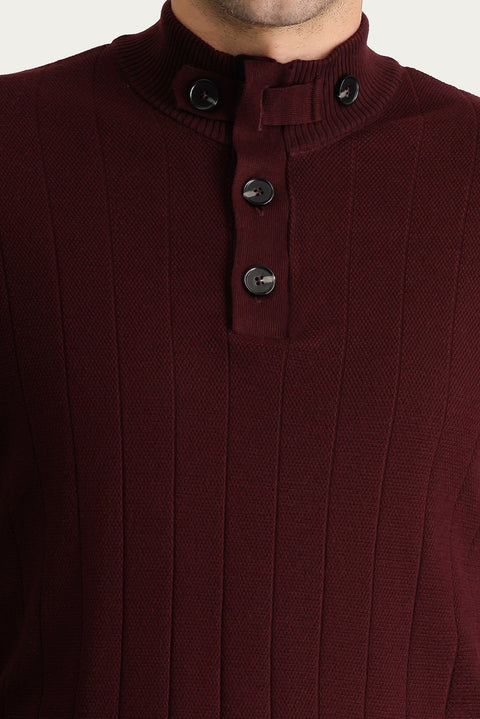 Dark Burgundy Semi-Turtleneck Slim Fit Narrow Cut Zip-Up Patterned Cotton Knit Sweater