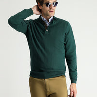Forest Green Semi-Turtleneck Slim Fit Narrow Cut Zip-Up Patterned Cotton Knit Sweater