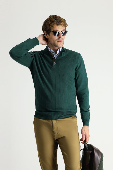 Forest Green Semi-Turtleneck Slim Fit Narrow Cut Zip-Up Patterned Cotton Knit Sweater