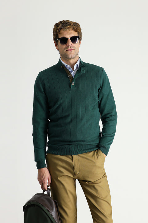 Forest Green Semi-Turtleneck Slim Fit Narrow Cut Zip-Up Patterned Cotton Knit Sweater