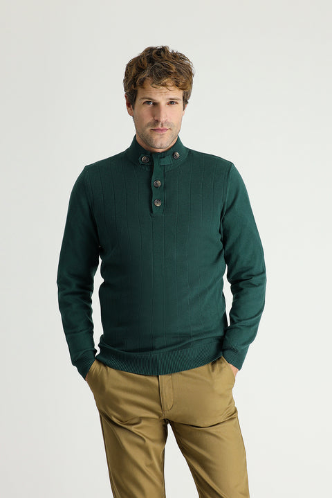 Forest Green Semi-Turtleneck Slim Fit Narrow Cut Zip-Up Patterned Cotton Knit Sweater