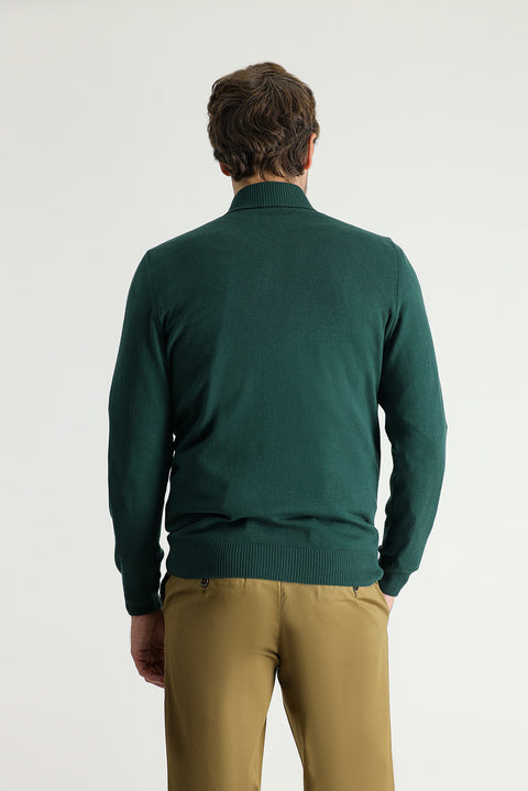 Forest Green Semi-Turtleneck Slim Fit Narrow Cut Zip-Up Patterned Cotton Knit Sweater