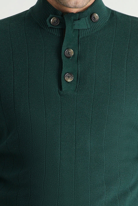 Forest Green Semi-Turtleneck Slim Fit Narrow Cut Zip-Up Patterned Cotton Knit Sweater