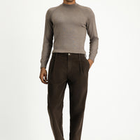 Light Brown Melange Semi-Turtleneck Slim Fit Narrow Cut Cotton Knit Sweater