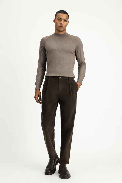 Light Brown Melange Semi-Turtleneck Slim Fit Narrow Cut Cotton Knit Sweater