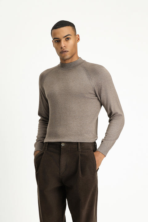 Light Brown Melange Semi-Turtleneck Slim Fit Narrow Cut Cotton Knit Sweater