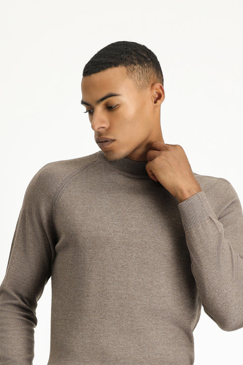 Light Brown Melange Semi-Turtleneck Slim Fit Narrow Cut Cotton Knit Sweater