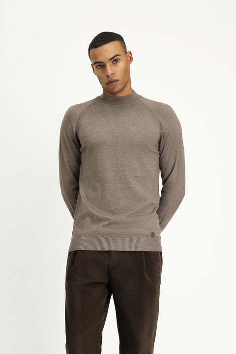Light Brown Melange Semi-Turtleneck Slim Fit Narrow Cut Cotton Knit Sweater