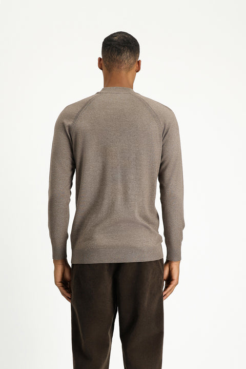 Light Brown Melange Semi-Turtleneck Slim Fit Narrow Cut Cotton Knit Sweater