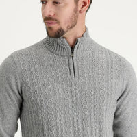 Medium Grey Half Turtleneck Regular Fit Zip-Up Wool Patterned Knit Sweater