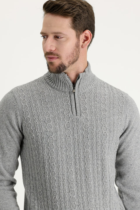 Medium Grey Half Turtleneck Regular Fit Zip-Up Wool Patterned Knit Sweater