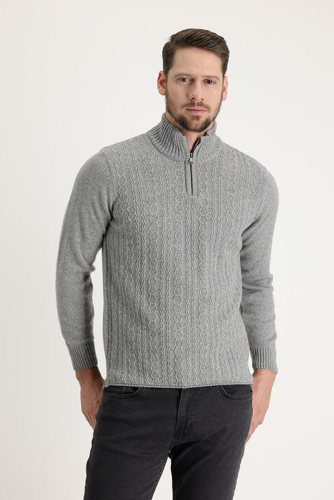 Medium Grey Half Turtleneck Regular Fit Zip-Up Wool Patterned Knit Sweater