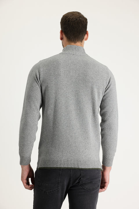 Medium Grey Half Turtleneck Regular Fit Zip-Up Wool Patterned Knit Sweater