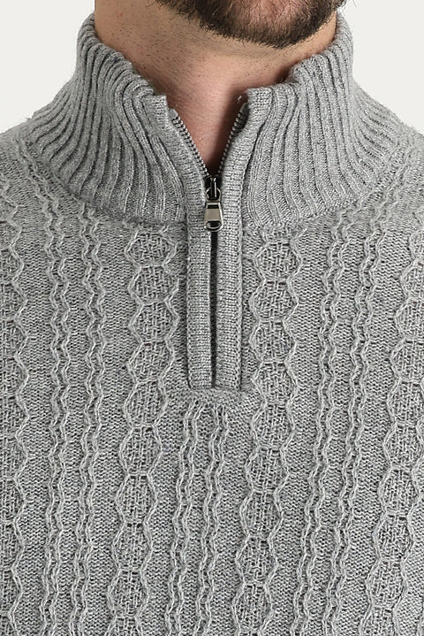 Medium Grey Half Turtleneck Regular Fit Zip-Up Wool Patterned Knit Sweater