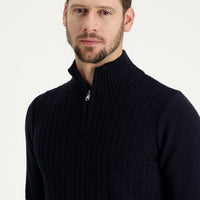 Dark Navy Half Turtleneck Regular Fit Zip-Up Wool Patterned Knit Sweater