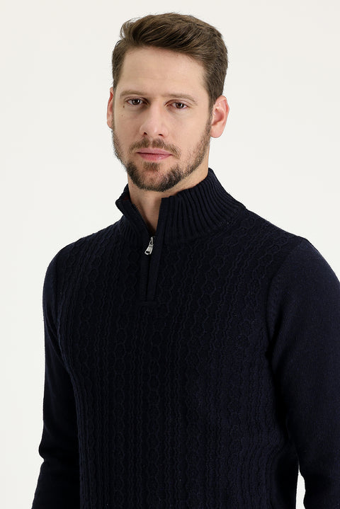 Dark Navy Half Turtleneck Regular Fit Zip-Up Wool Patterned Knit Sweater