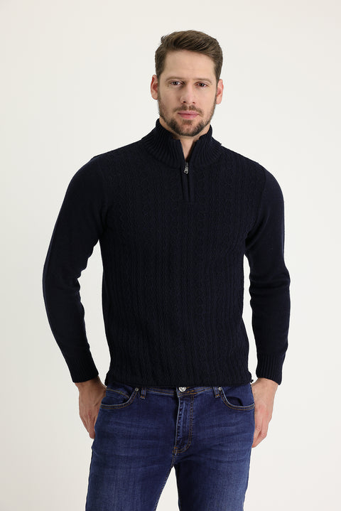 Dark Navy Half Turtleneck Regular Fit Zip-Up Wool Patterned Knit Sweater
