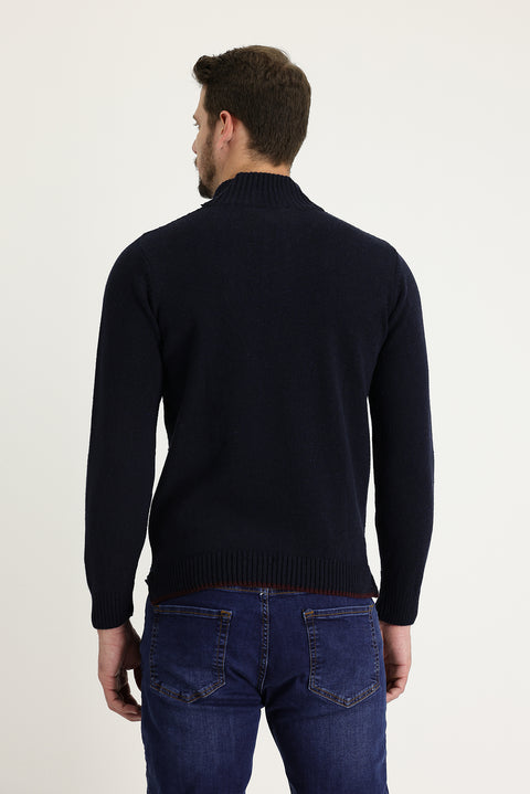 Dark Navy Half Turtleneck Regular Fit Zip-Up Wool Patterned Knit Sweater