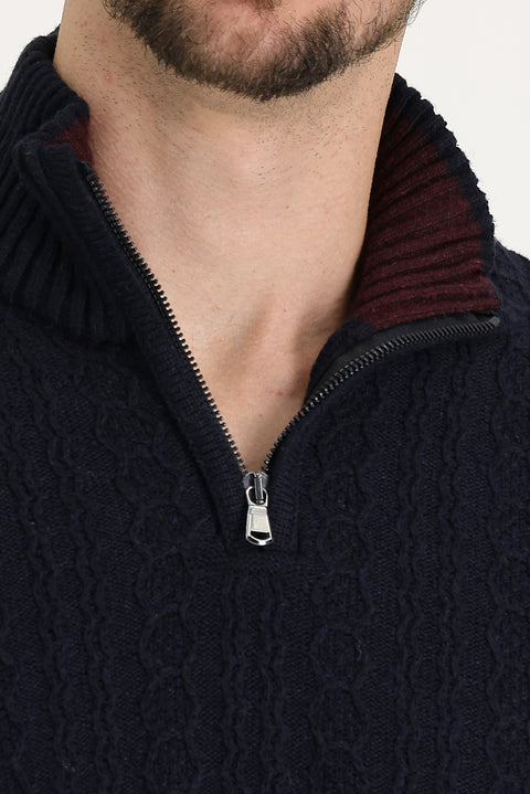 Dark Navy Half Turtleneck Regular Fit Zip-Up Wool Patterned Knit Sweater