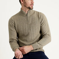 Medium Beige Half Turtleneck Regular Fit Zip-Up Wool Patterned Knit Sweater