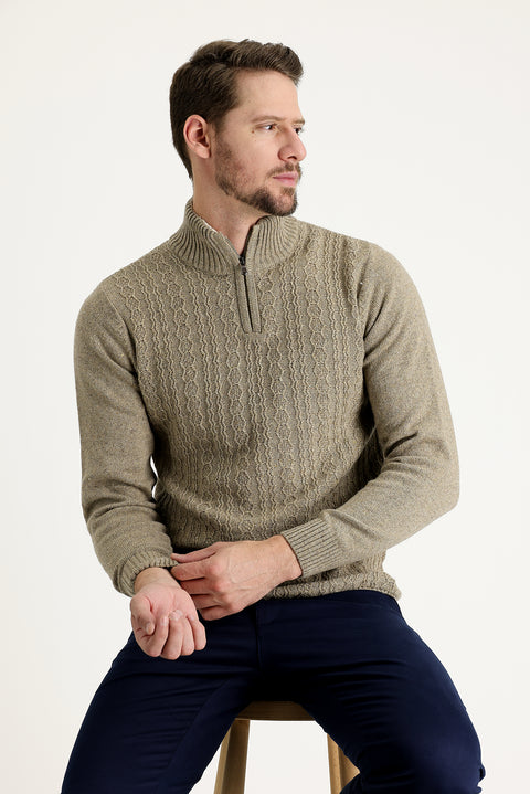 Medium Beige Half Turtleneck Regular Fit Zip-Up Wool Patterned Knit Sweater