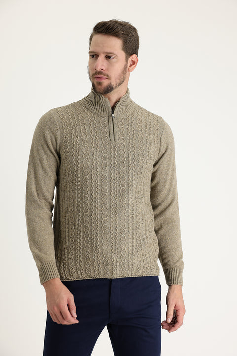 Medium Beige Half Turtleneck Regular Fit Zip-Up Wool Patterned Knit Sweater