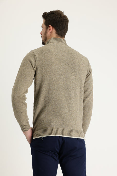 Medium Beige Half Turtleneck Regular Fit Zip-Up Wool Patterned Knit Sweater