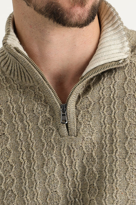 Medium Beige Half Turtleneck Regular Fit Zip-Up Wool Patterned Knit Sweater