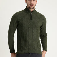 Medium Khaki Half Turtleneck Regular Fit Zip-Up Wool Patterned Knit Sweater