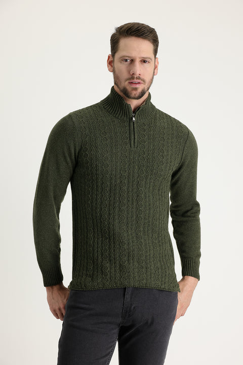 Medium Khaki Half Turtleneck Regular Fit Zip-Up Wool Patterned Knit Sweater