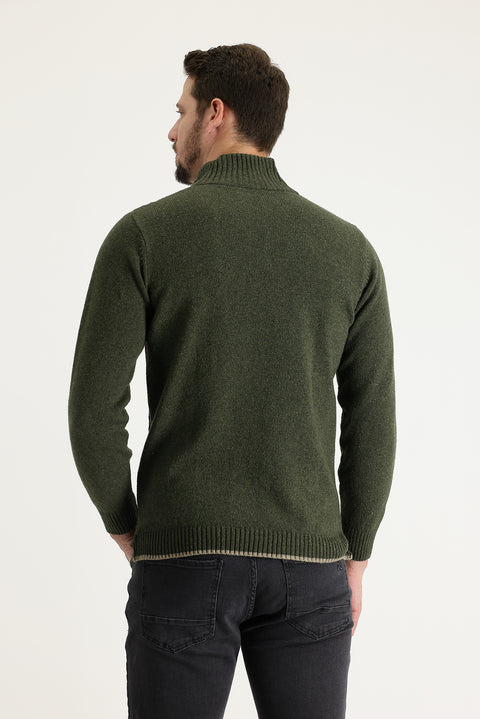 Medium Khaki Half Turtleneck Regular Fit Zip-Up Wool Patterned Knit Sweater