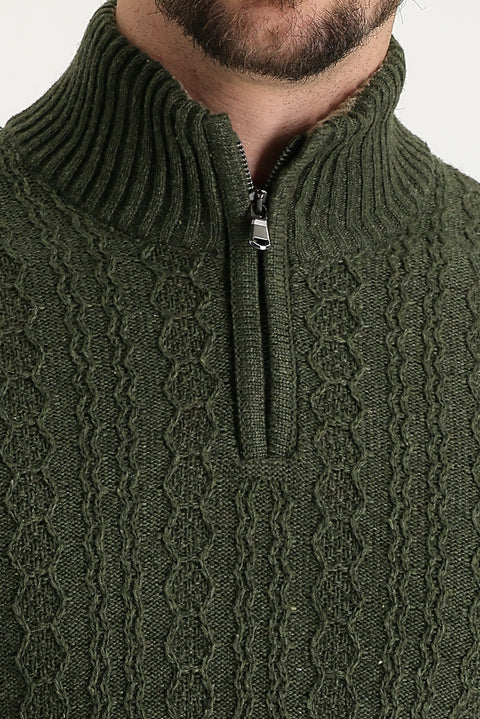 Medium Khaki Half Turtleneck Regular Fit Zip-Up Wool Patterned Knit Sweater