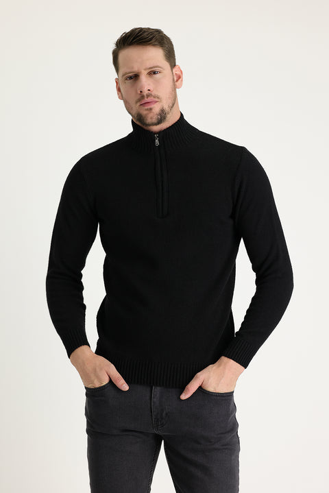 Black Semi-Turtleneck Slim Fit Narrow Cut Knit Sweater
