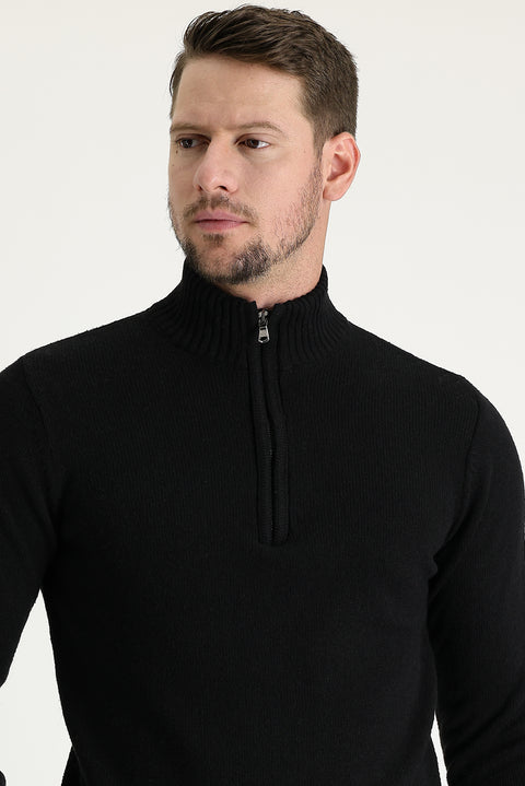 Black Semi-Turtleneck Slim Fit Narrow Cut Knit Sweater