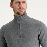 Dark Gray Semi-Turtleneck Slim Fit Narrow Cut Zip-Up Wool Knit Sweater