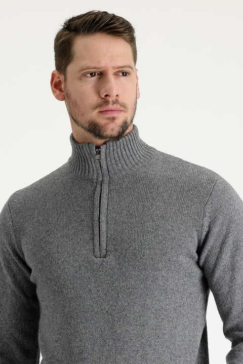 Dark Gray Semi-Turtleneck Slim Fit Narrow Cut Zip-Up Wool Knit Sweater