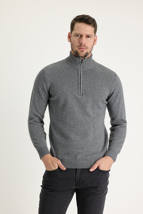 Dark Gray Semi-Turtleneck Slim Fit Narrow Cut Zip-Up Wool Knit Sweater