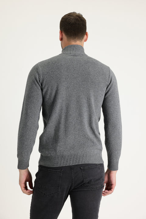 Dark Gray Semi-Turtleneck Slim Fit Narrow Cut Zip-Up Wool Knit Sweater