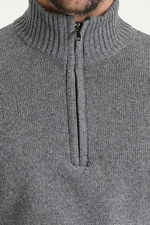 Dark Gray Semi-Turtleneck Slim Fit Narrow Cut Zip-Up Wool Knit Sweater