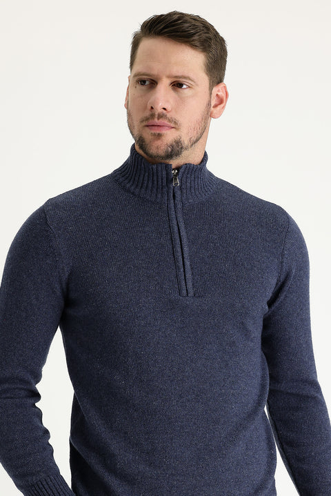 Havacı Mavi Yarım Balıkçı Yaka Slim Fit Dar Kesim Fermuarlı Yünlü Triko Kazak