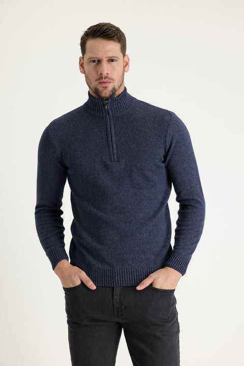 Havacı Mavi Yarım Balıkçı Yaka Slim Fit Dar Kesim Fermuarlı Yünlü Triko Kazak