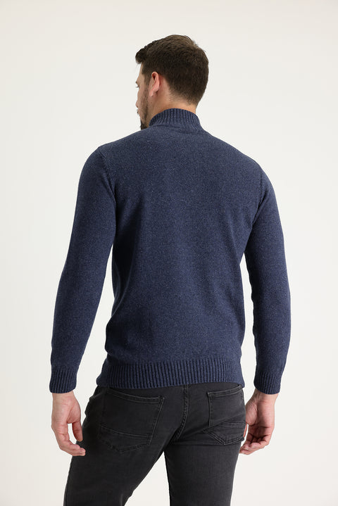 Havacı Mavi Yarım Balıkçı Yaka Slim Fit Dar Kesim Fermuarlı Yünlü Triko Kazak